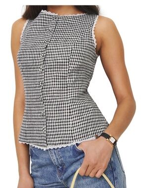 Reformation Amela Linen Top Black & White Gingham Lace-Trim Camisole (Orig $148)
